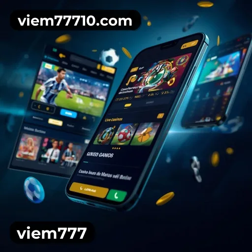 App viem777 para iOS e Android — interface mobile, login biométrico e PIX integrado